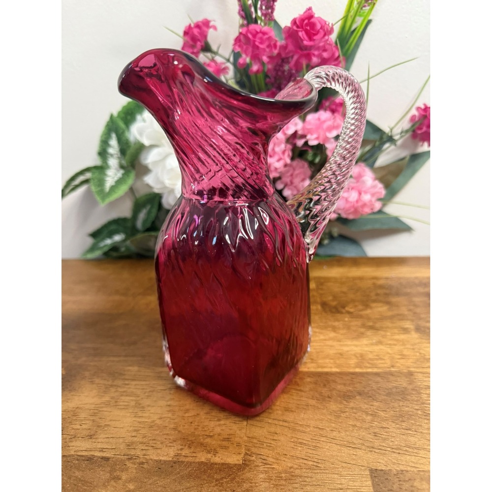 Vintage Ruby Red‎ Glass Pitcher – Swirl Textured Body with Twisted Handle Retro